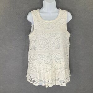 V Cristina Top Womens Sz M White Lace Sheer Floral Peasant Bohemian Coquette